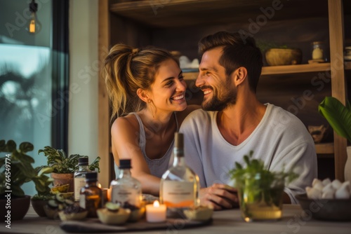 
Portrait of a couple enjoying a Waterless Self Care spa day at home, surrounded by natural skincare products. photo