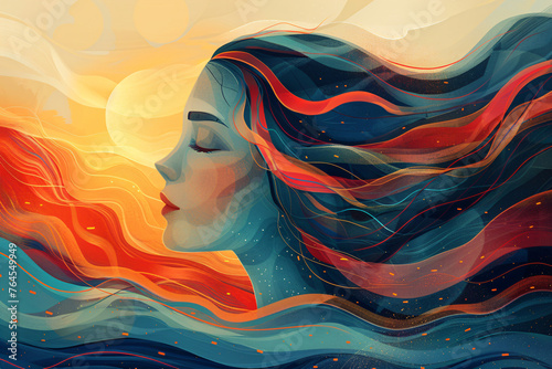 Colorful abstract silhouette profiles with wavy patterns. Artistic concept of human connection with nature and emotions. Versatile backdrop for creative design. Abstract representation of mental healt
