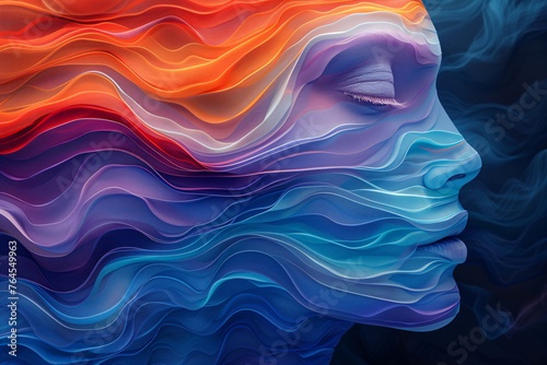 Colorful abstract silhouette profiles with wavy patterns. Artistic concept of human connection with nature and emotions. Versatile backdrop for creative design. Abstract representation of mental healt