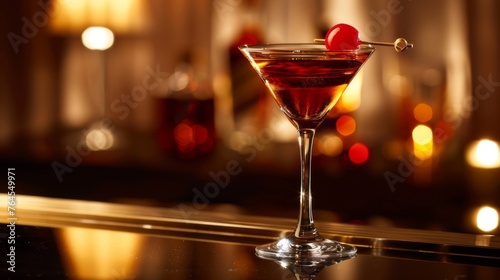 Manhattan cocktail set against a bar backdrop, showcasing a glass filled with the alcoholic beverage.