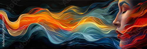 Colorful abstract silhouette profiles with wavy patterns. Artistic concept of human connection with nature and emotions. Versatile backdrop for creative design. Abstract representation of mental healt