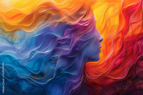 Colorful abstract silhouette profiles with wavy patterns. Artistic concept of human connection with nature and emotions. Versatile backdrop for creative design. Abstract representation of mental healt
