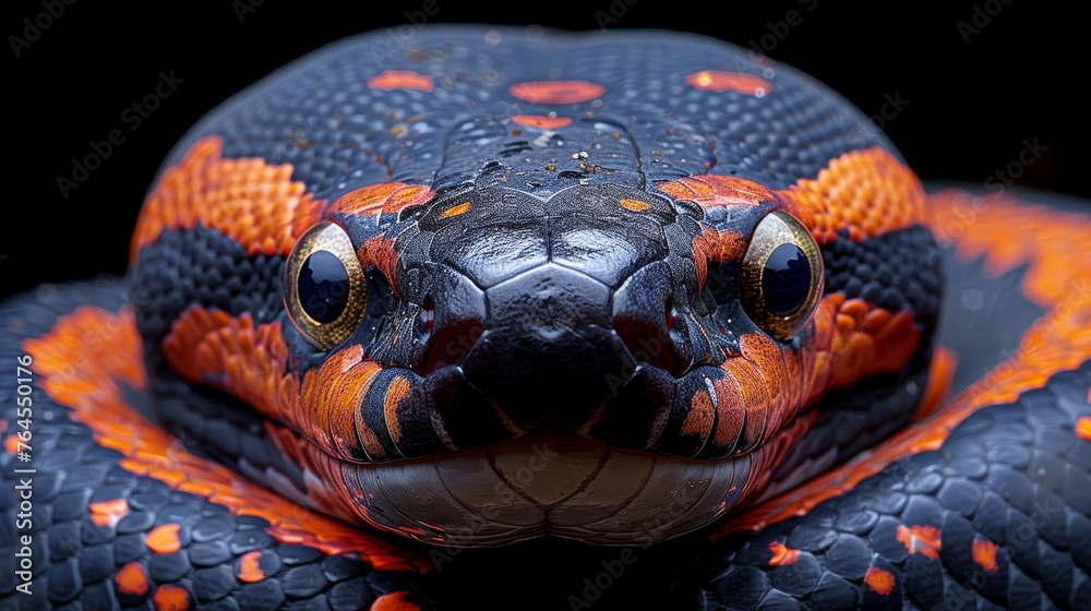 Fototapeta premium A macro shot of a venomous snake's face, displaying its vibrant orange and black scales against a dark backdrop