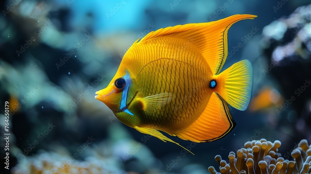  A macro shot of a vibrant yellow fish swimming among colorful corals against a transparent water backdrop