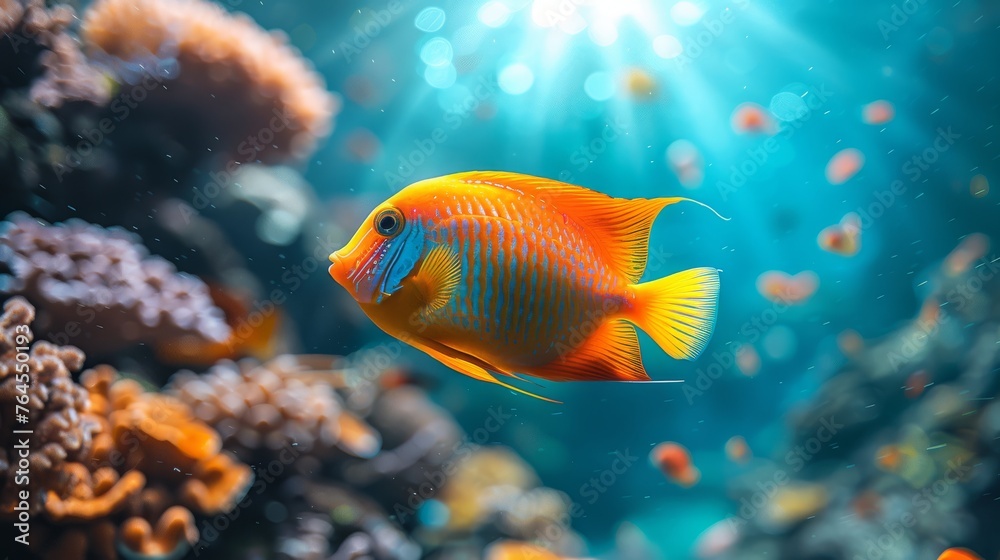   a fish in an aquarium with numerous fish, sunlight, and a beautiful background
