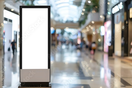 Digital kiosk with blank screen in modern shopping center - black and white, blurred background. Concept Digital Kiosk, Blank Screen, Modern Shopping Center, Black and White, Blurred Background