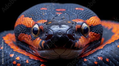  A macro shot of a venomous snake's face, displaying its vibrant orange and black scales against a dark backdrop