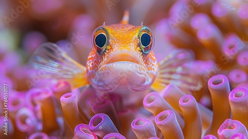  A detailed view of a fish surrounded by various corals and an anemone in the backdrop