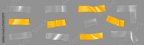 Transparent and yellow adhesive plastic cut tape patch mockup. Realistic vector illustration set of clear sticky strip with wrinkles. Sticky crumpled sellotape film piece. Piece of glued scotch band.
