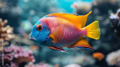  A close-up image of a blue and yellow fish amidst corals and other coral formations in an aquarium