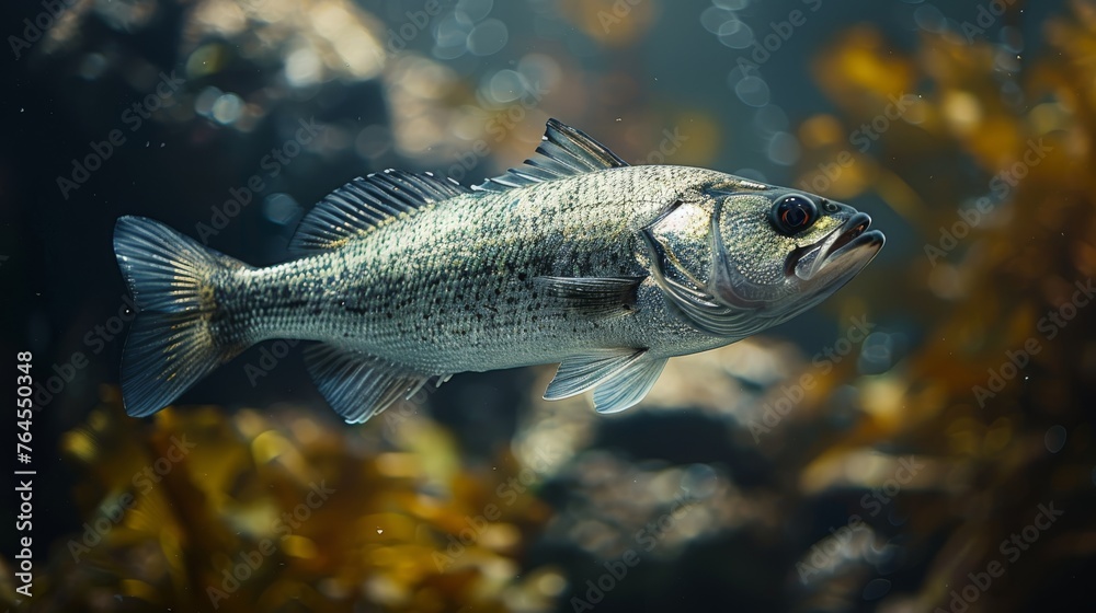  Fish in water with plants, rocks, and bubbles in foreground and background