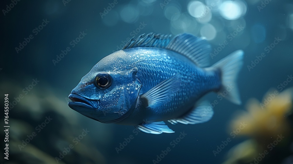 A blue fish in focus, surrounded by aquarium water with a flower in the foreground A blue fish in focus, surrounded by aquarium water with a flower in the foreground