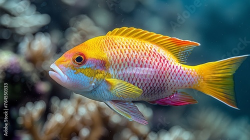  A zoomed-in photo of a gold and scarlet fish swimming amidst azure water with vibrant coral backdrop
