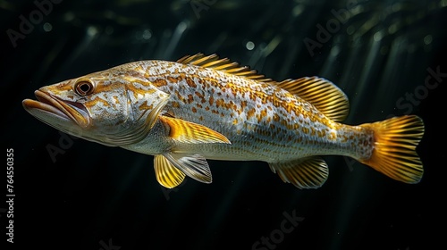 A macro shot of a fish swimming against a dark backdrop, illuminated by sunlight filtering from above