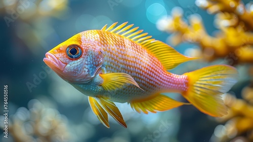  Yellow-blue fish, close-up in aquarium with other fish, trees in backdrop