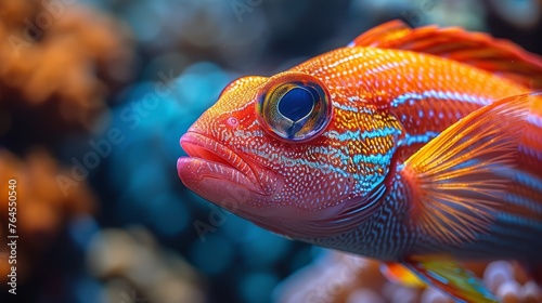  A close-up of a colorful fish with a blue and yellow stripe on its side, and a coral in the background