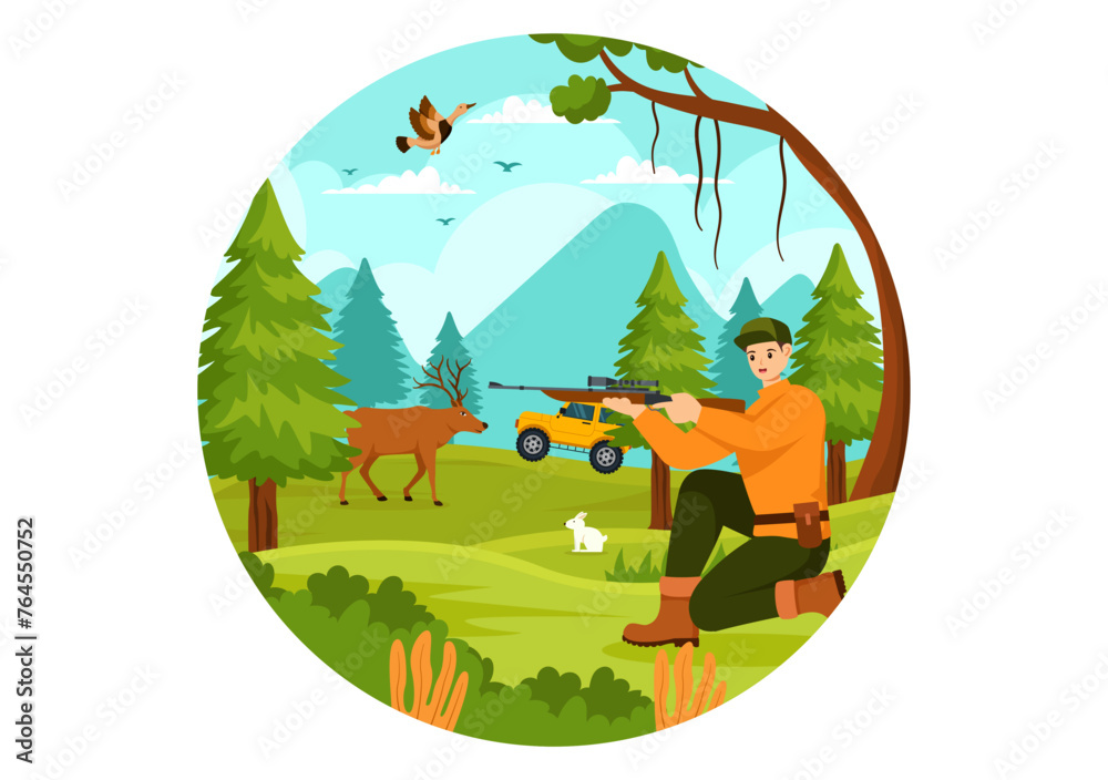 Naklejka premium Hunting Vector Illustration with Hunter Rifle or Weapon for Shooting to Birds or Wild Animals in the forest on Flat Cartoon Background Design