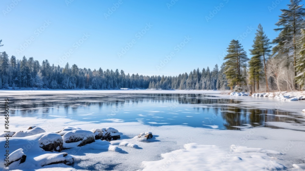 Winter landscape with partially frozen lake