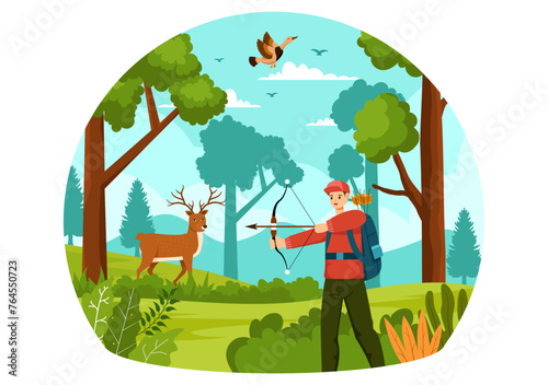 Hunting Vector Illustration with Hunter Rifle or Weapon for Shooting to Birds or Wild Animals in the forest on Flat Cartoon Background Design