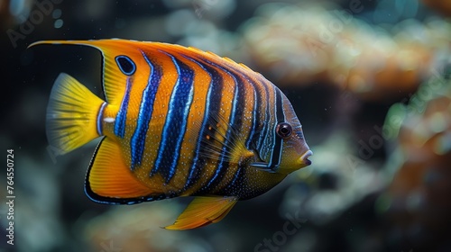  A clear photo of a yellow-blue fish with a black stripe on its head, in sharp focus