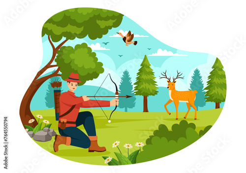 Hunting Vector Illustration with Hunter Rifle or Weapon for Shooting to Birds or Wild Animals in the forest on Flat Cartoon Background Design