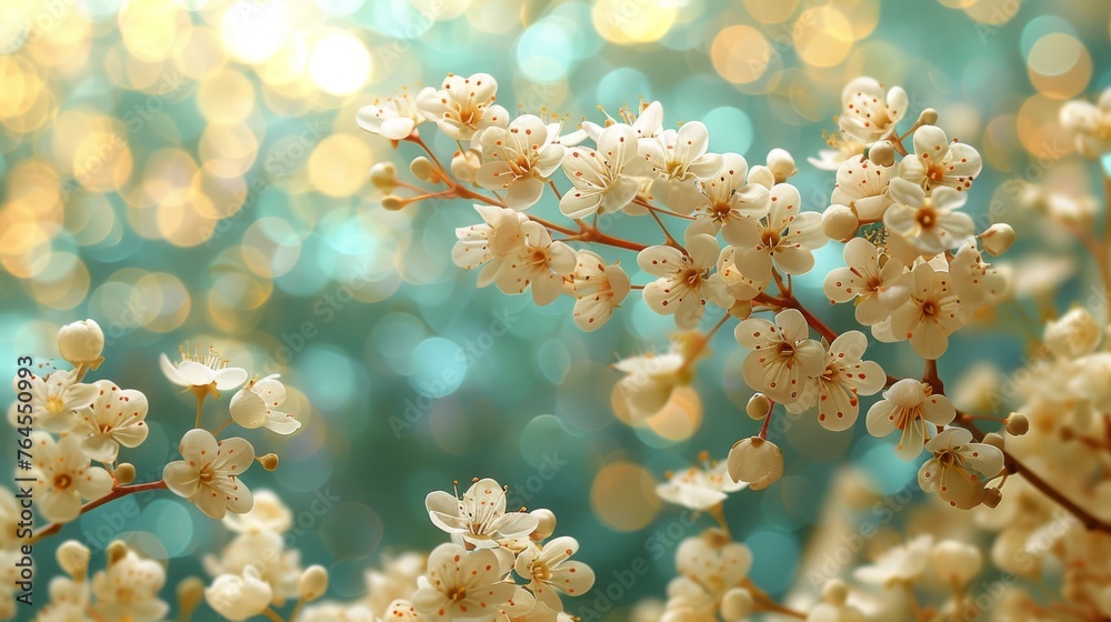 A white flower cluster on a branch, illuminated by a soft background light A white flower cluster on a branch, illuminated by a soft background light
