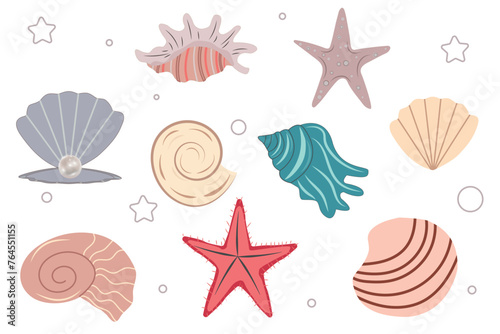 Set of seashells, mollusks, starfish, shell with pearls. Trendy flat illustration of seashell collection isolated on white for stickers and other designs.