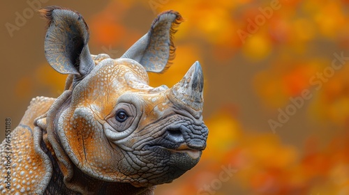  A close-up photo of a baby rhino's head, with the orange and yellow foliage fading into the background