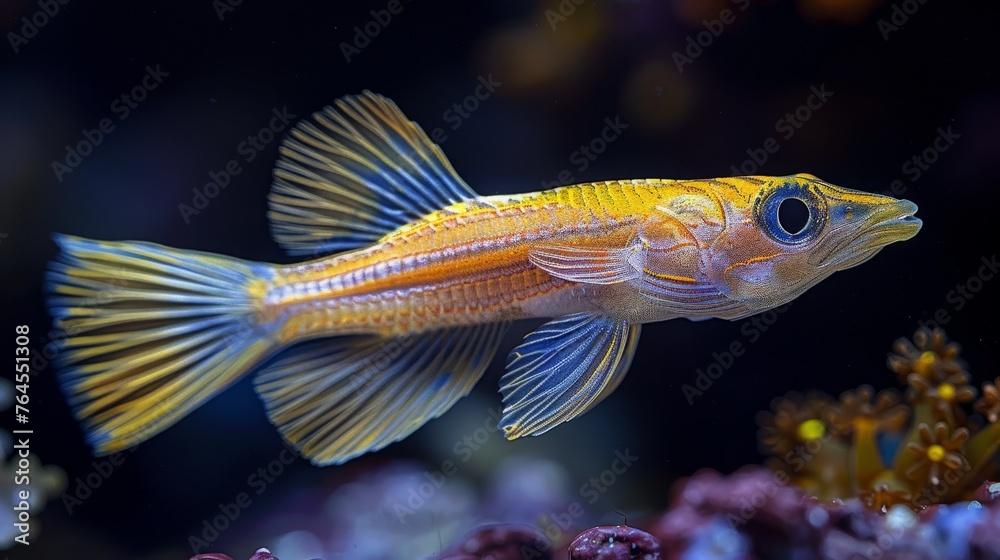  Yellow-blue fish in aquarium with corals, background