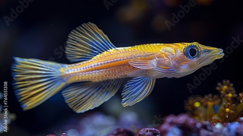  Yellow-blue fish in aquarium with corals, background