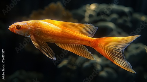  A goldfish is seen in close focus against a rocky background with water in front