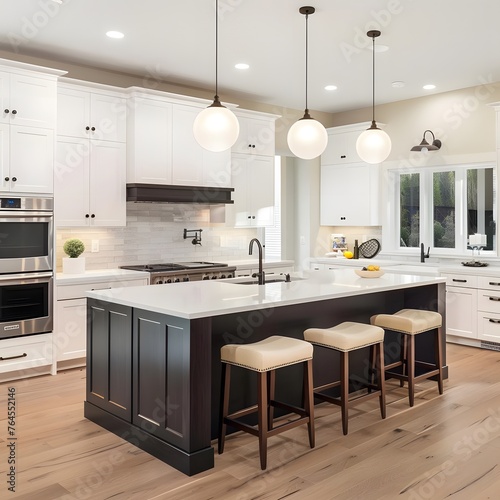 Luxurious kitchen interior in a modern home with a kitchen island, wooden floor, and minimalist design, offering a bright and sophisticated ambiance.