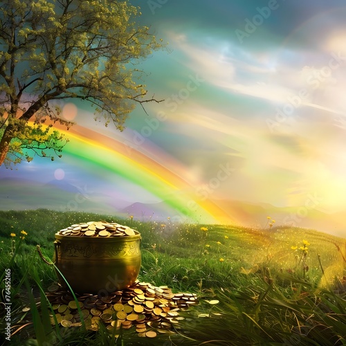 Festive Saint Patrick's Day celebration with a magical Leprechaun's pot of gold coins hidden at the rainbow's end, set in a lush green backdrop paying homage to St. Patrick.