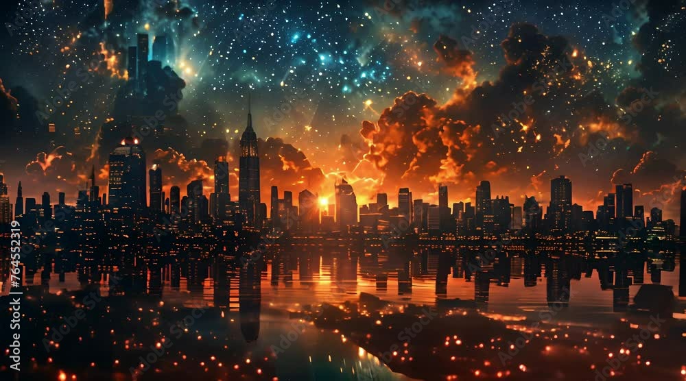 A city skyline of skyscrapers wearing haute-couture fractal starscape gowns