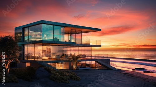 Beautiful glass home on an ocean beach at sunset. Luxury house