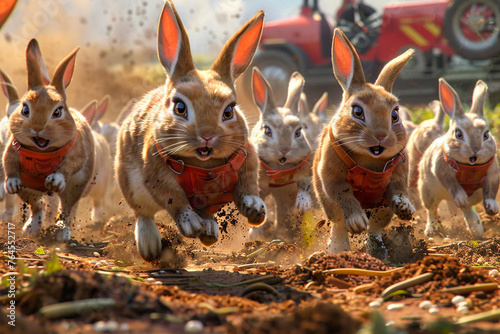 Group of racing rabbits wearing harnesses, kicking up dust in a dynamic action scene