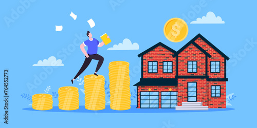 Mortgage saving money to buy a house flat style design business concept. Real estate property or mortgage loan investment. Businessman climbs money coin stack and home building vector illustration.