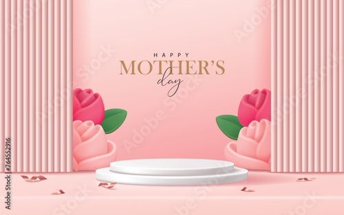 Mother's day banner for product demonstration. White pedestal or podium with flowers on pink background.