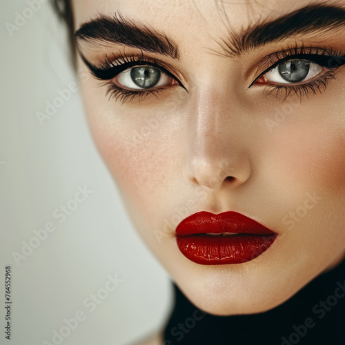 Fashion model with bold and dramatic eyebrows  close-up on the face  high-fashion makeup