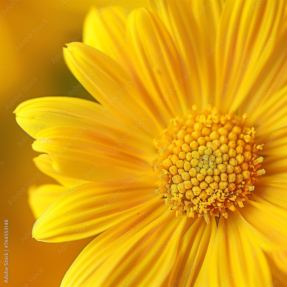Close-up of a yellow burst flower in full bloom, Macro lens detail showing the vibrant petals and pollen Close-up of a yellow burst flower in full bloom, Macro lens detail showing the vibrant petals and pollen