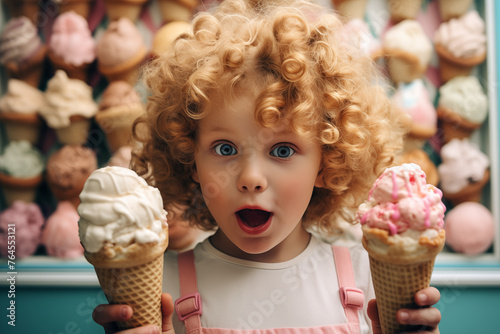 a pretty blonde girl with blue eyes very happy and surprised because she will be able to eat two ice creams from the ice cream shop photo