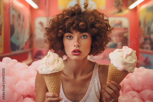 Attractive woman holds two ice creams in a sweet shop in a surreal pastel environment