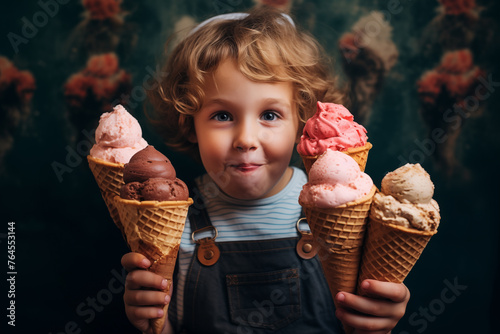 a pretty girl contains her emotion before eating 5 ice creams of different flavors photo