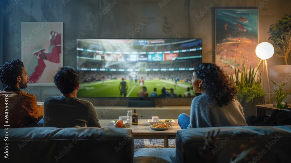 Three friends enjoy game on TV, comfy sofa, snacks, warm light. Cozy living room with people enjoying a game, snacks on the table.