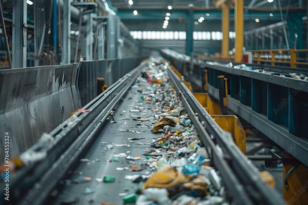 Waste ready for incineration on a conveyor belt at a sorting center. Concept Waste Management, Incineration Process, Sorting Center, Conveyor Belt, Recycling Efforts Waste ready for incineration on a conveyor belt at a sorting center. Concept Waste Management, Incineration Process, Sorting Center, Conveyor Belt, Recycling Efforts