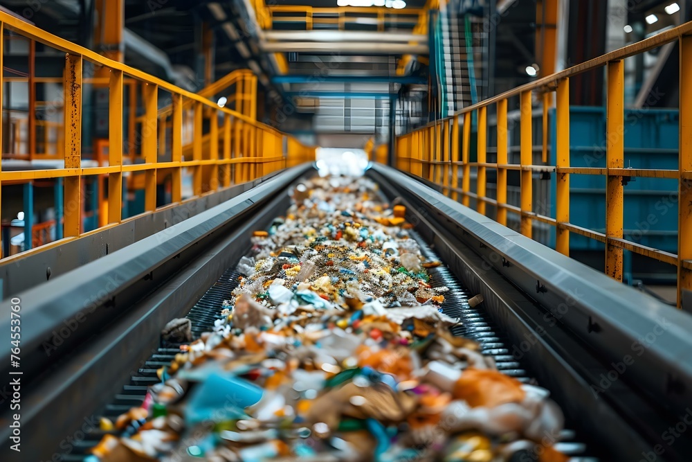 Conveyor belt with collected waste ready to be incinerated at a sorting center. Concept Waste Management, Incineration Process, Sorting Center, Conveyor Belt Technology, Environmental Impact Conveyor belt with collected waste ready to be incinerated at a sorting center. Concept Waste Management, Incineration Process, Sorting Center, Conveyor Belt Technology, Environmental Impact