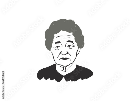 Grandmother Faces of people different nationalities and ages drawn with black outline. Society doodle vector illustration
