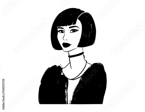 Faces of people different nationalities and ages drawn with black outline. Society doodle vector illustration beautiful girl

