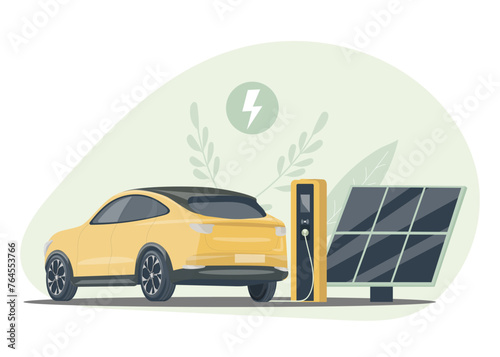 Electric car is charging. Electric car with charging station and solar panels.