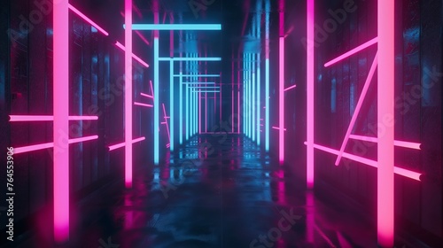 An atmospheric corridor illuminated with vibrant pink and blue neon lights, creating a futuristic and moody vibe.